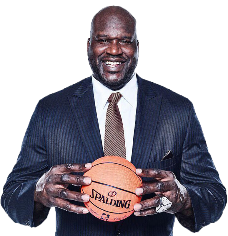 shaq in a suit holding a basketball with a transparent background behind him