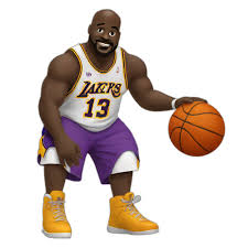 animated shaq wearing a lakers outfit dribling a ball